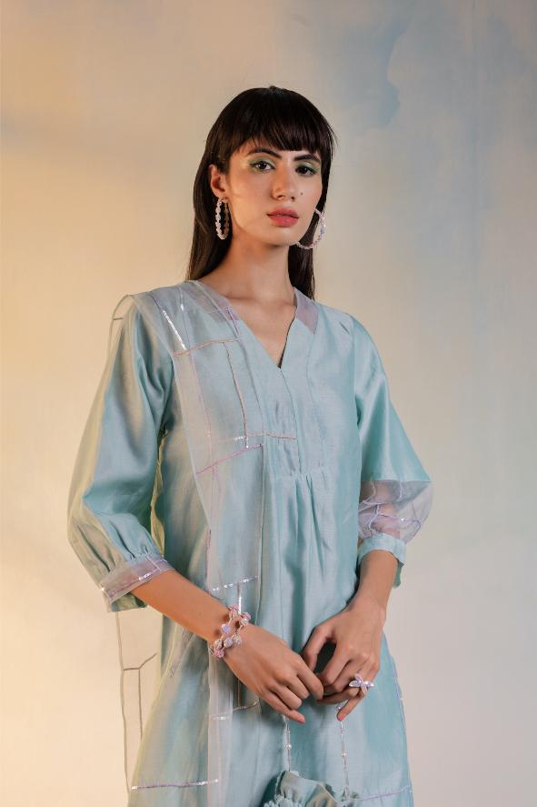 Sequin Placket Kurta with Pleated Pants - Set of 3