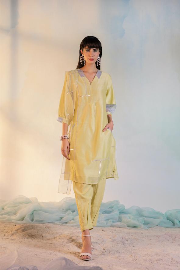 Sequin Placket Kurta with Pleated Pants - Set of 3