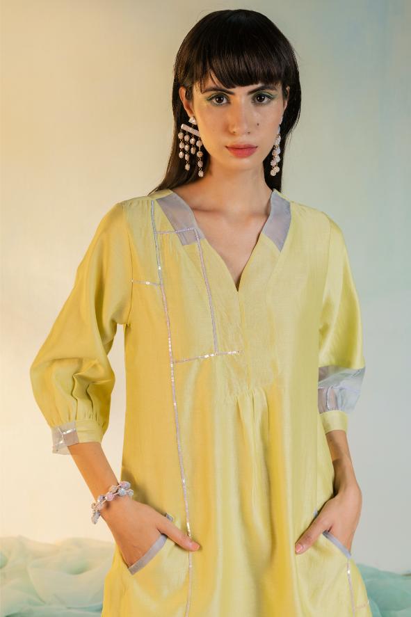 Sequin Placket Kurta with Pleated Pants - Set of 3