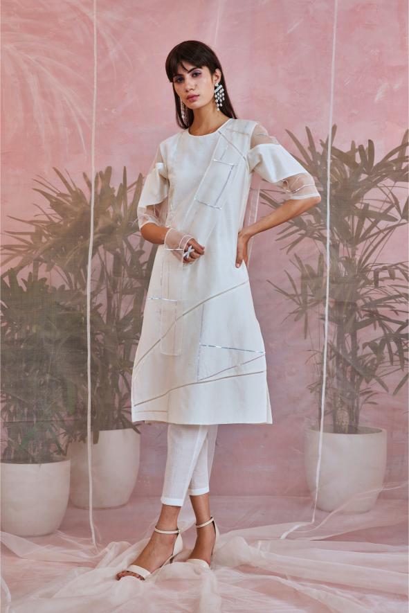 Sequin Kurta With Organza Trims -set of 3