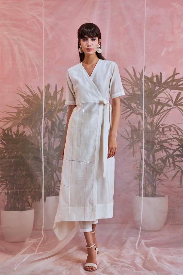 Sequin Wrap Kurta With Straight Pants - Set of 2