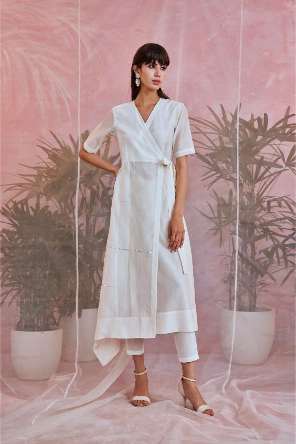 Sequin Wrap Kurta With Straight Pants - Set of 2