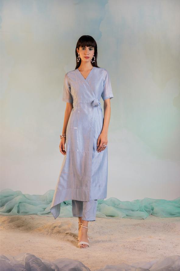 Sequin Wrap Kurta With Straight Pants - Set of 2