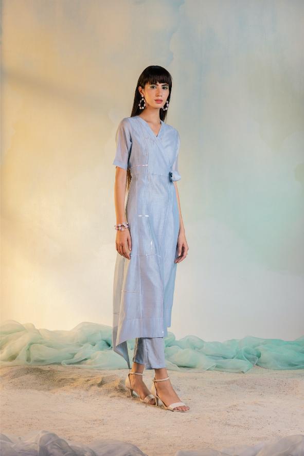 Sequin Wrap Kurta With Straight Pants - Set of 2