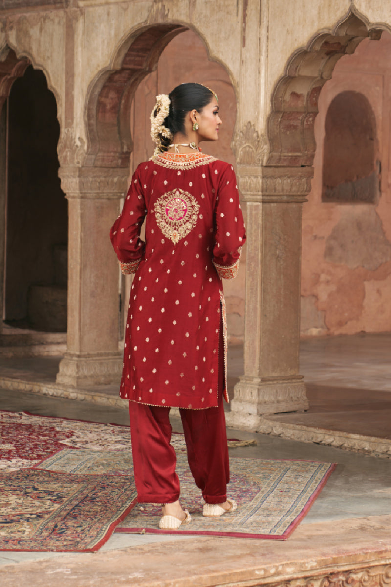 ANILA - DEEP RED SHORT KURTA WITH SALWAR