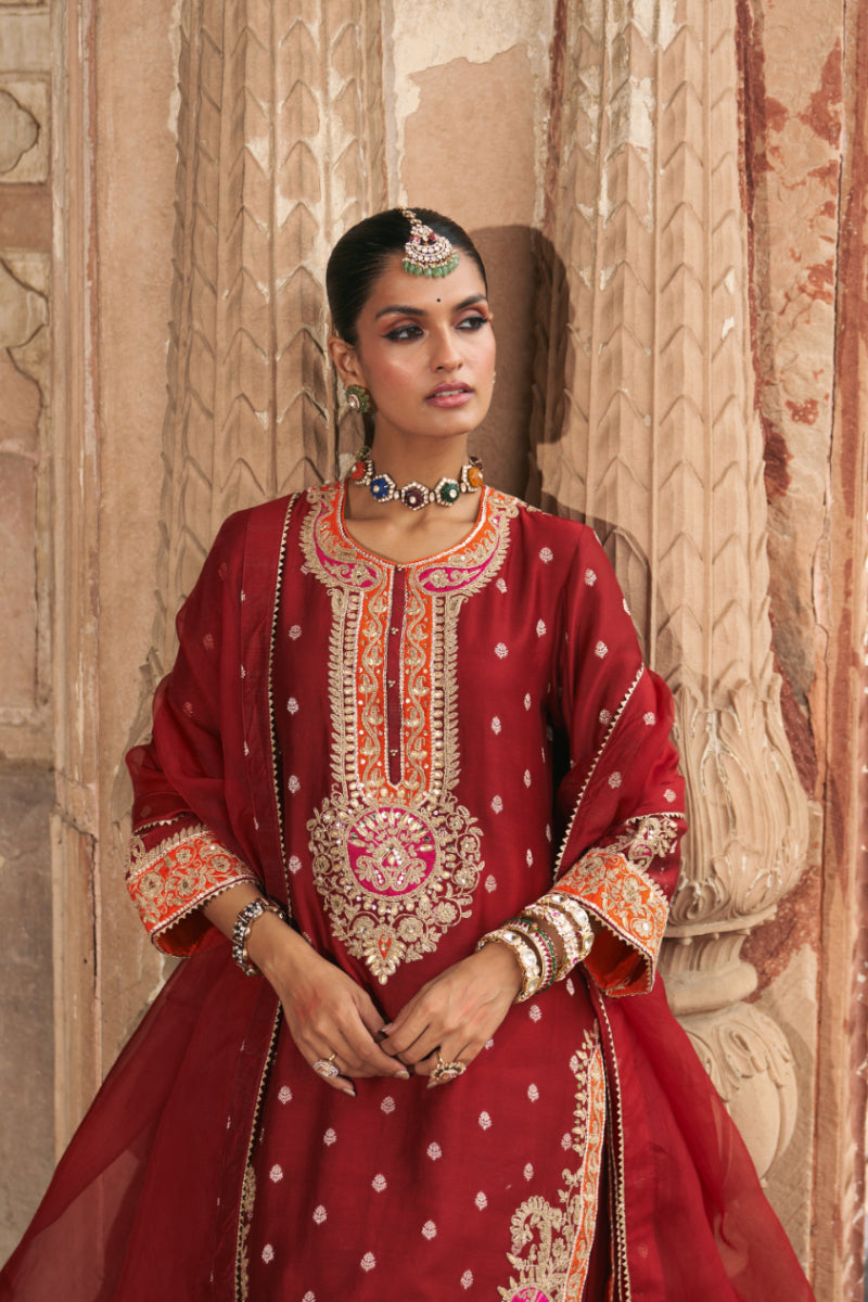 ANILA - DEEP RED SHORT KURTA WITH SALWAR AND DUPATTA