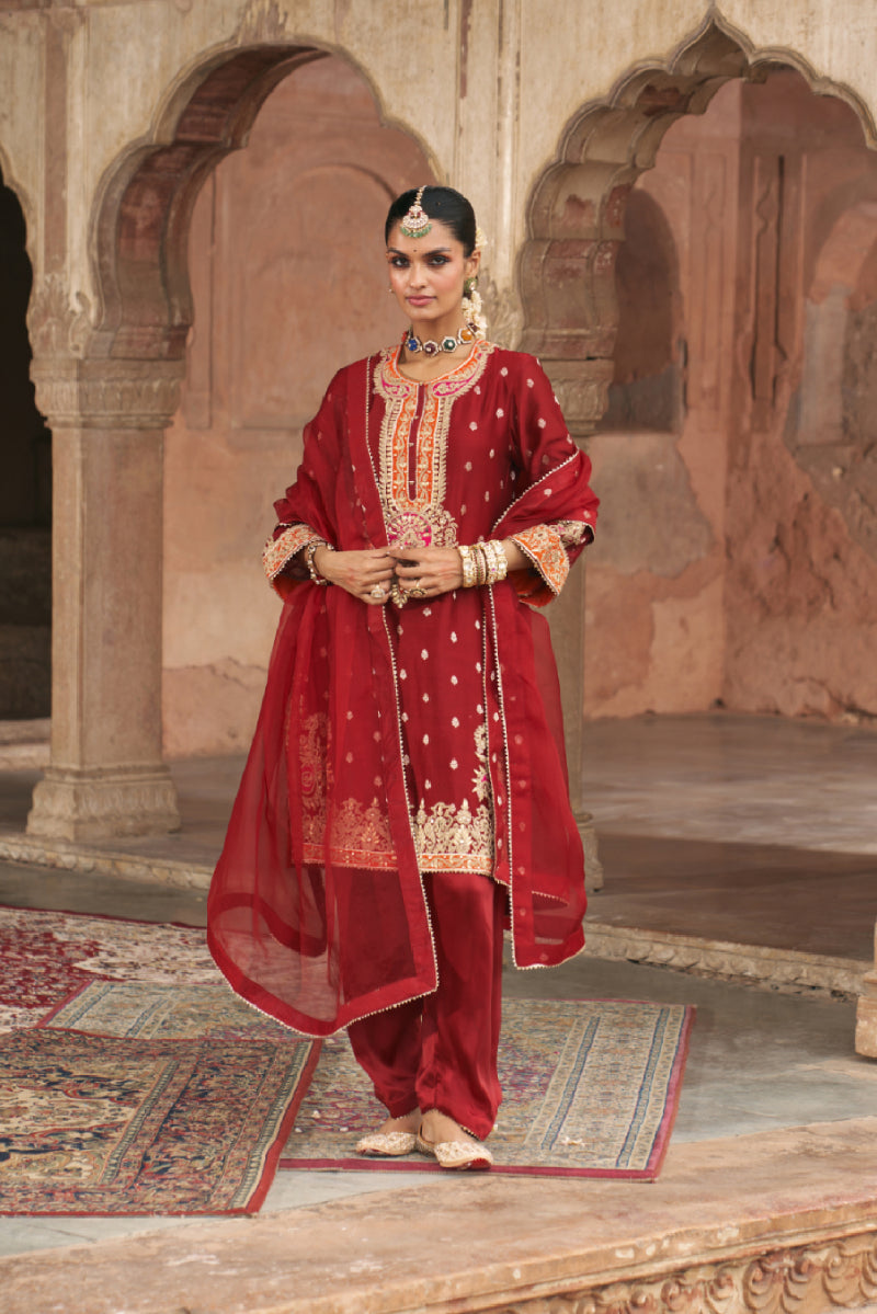 ANILA - DEEP RED SHORT KURTA WITH SALWAR AND DUPATTA