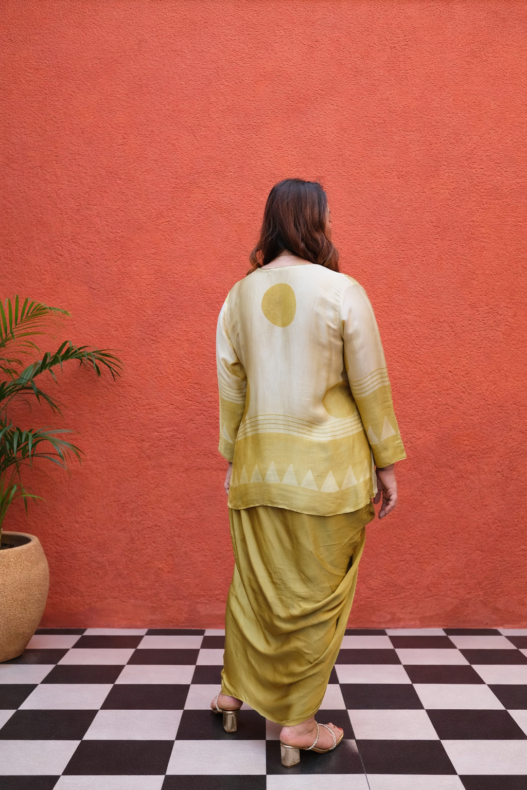 OHSO Organic Mustard Ajrakh Top & Draped Skirt Set