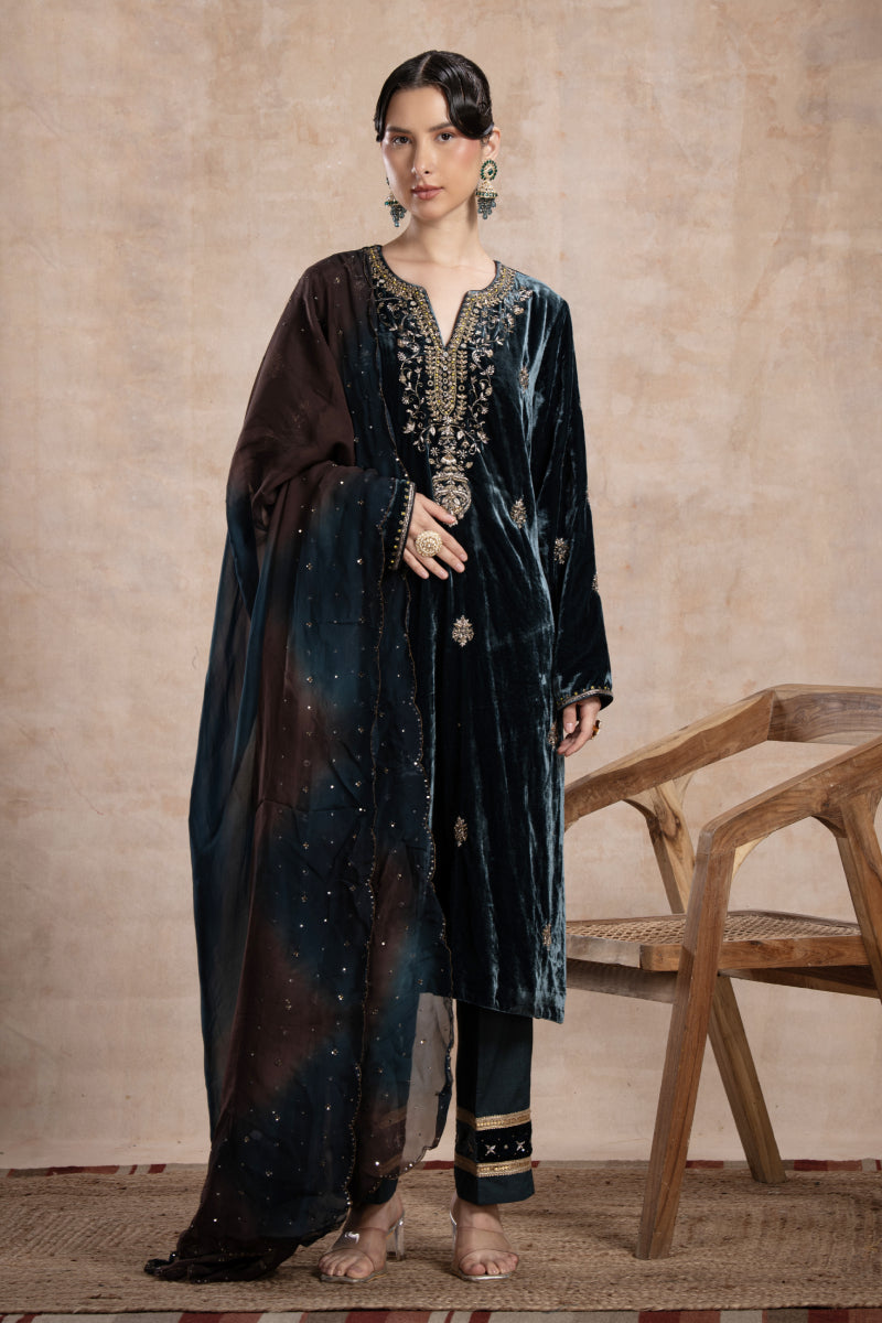 Aqsa Straight Suit Set – Teal