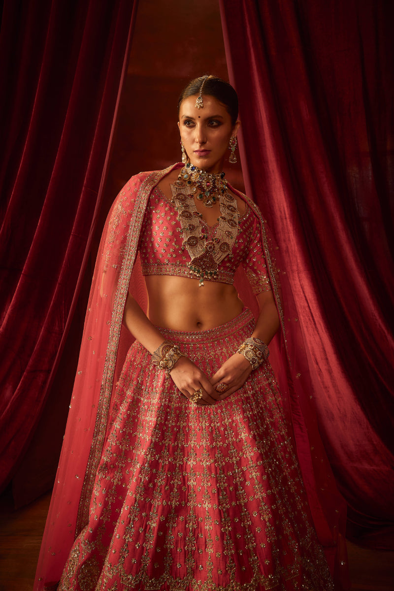 Red Raw Silk Hand & Machine Embroidered Lehenga Set