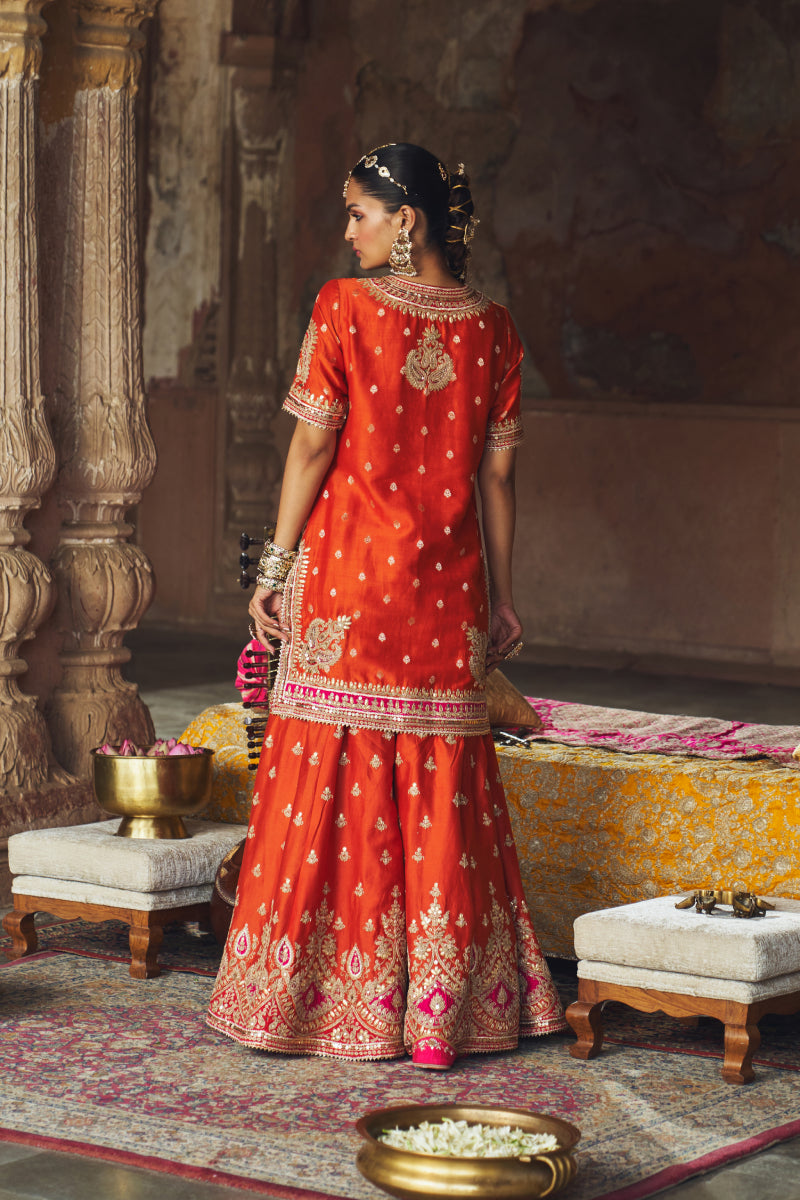 AREESHA - BURNT ORANGE SHORT KURTA WITH SHARARA AND DUPATTA