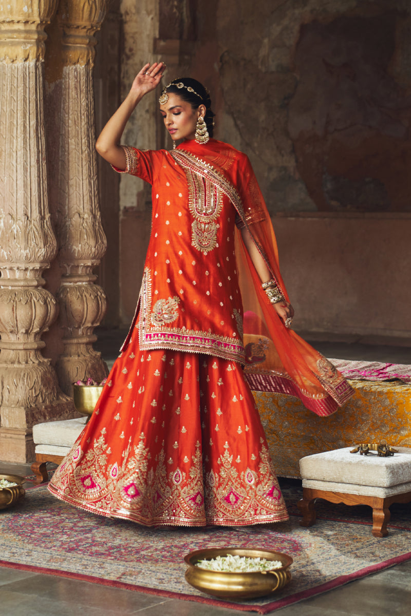AREESHA - BURNT ORANGE SHORT KURTA WITH SHARARA AND DUPATTA