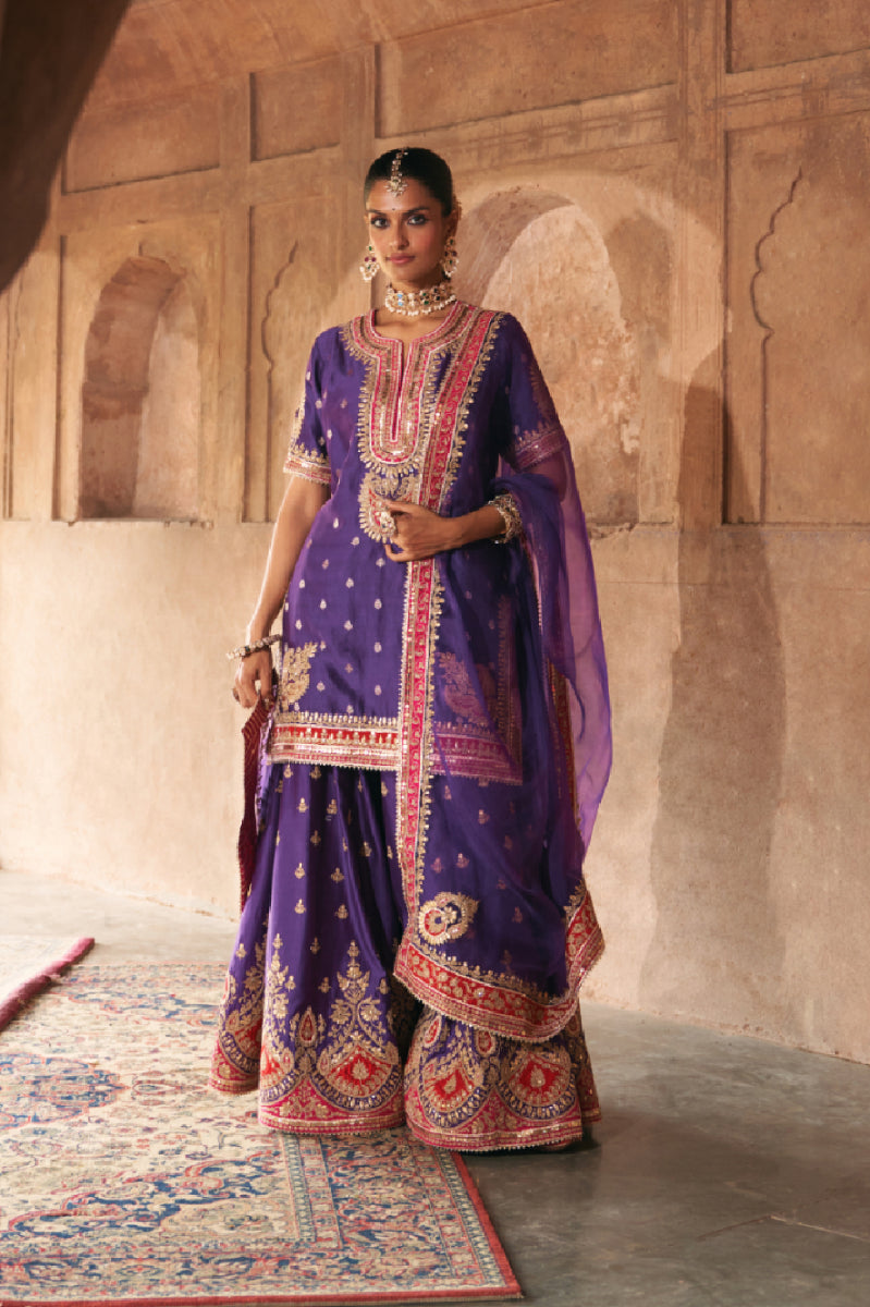 AREESHA - DEEP PURPLE SHORT KURTA WITH SHARARA AND DUPATTA