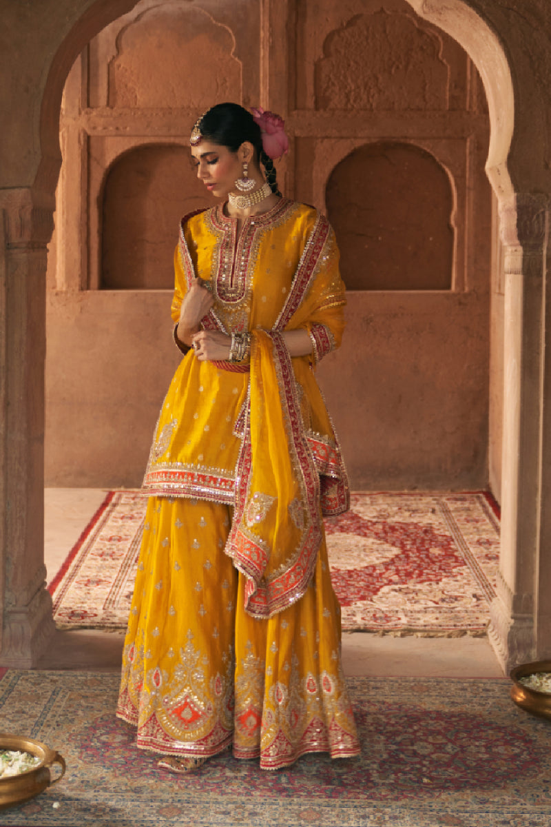 AREESHA - MUSTARD SHORT KURTA WITH SHARARA AND DUPATTA
