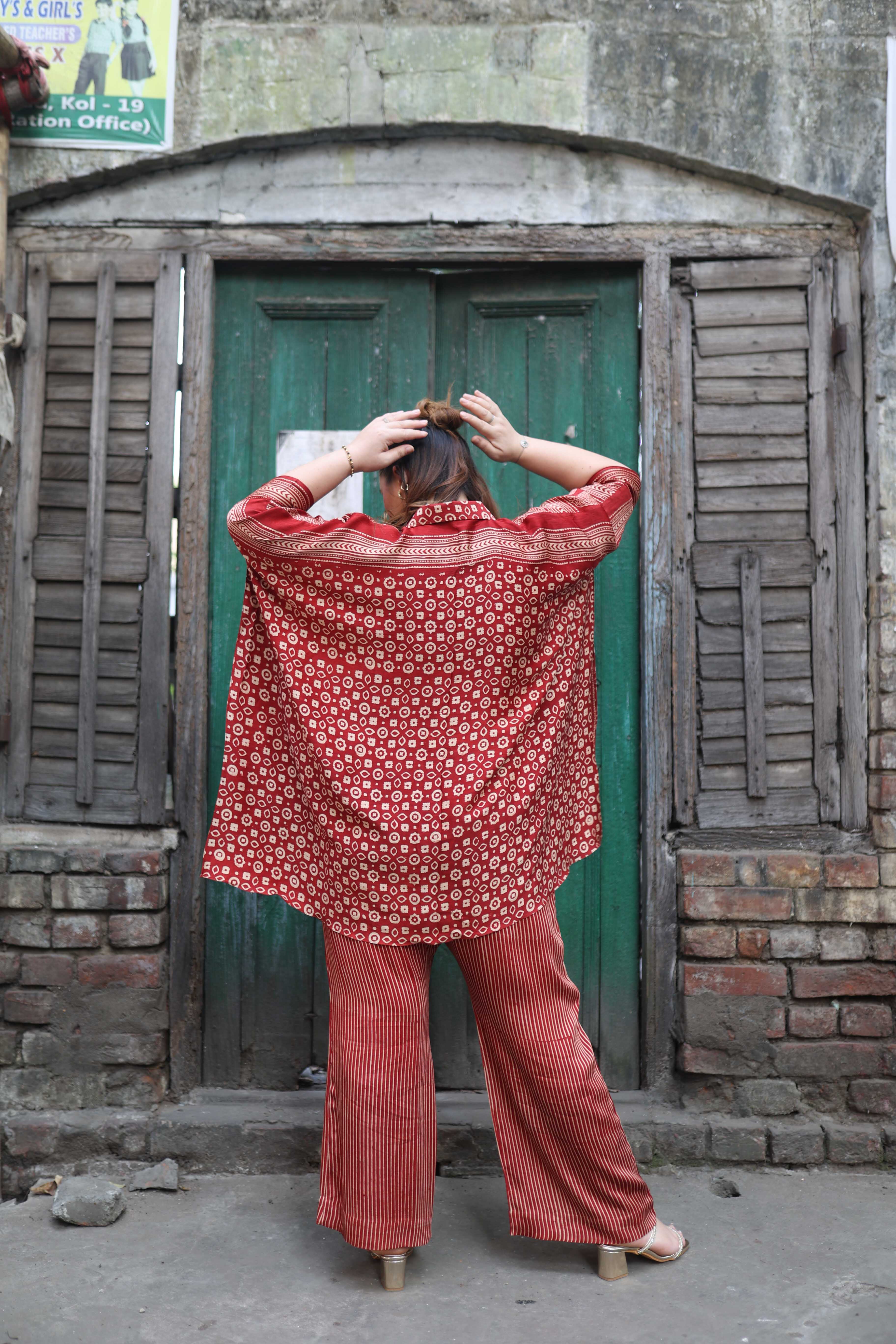 Surkh Red Ajrakh Antifit Co-ord Set