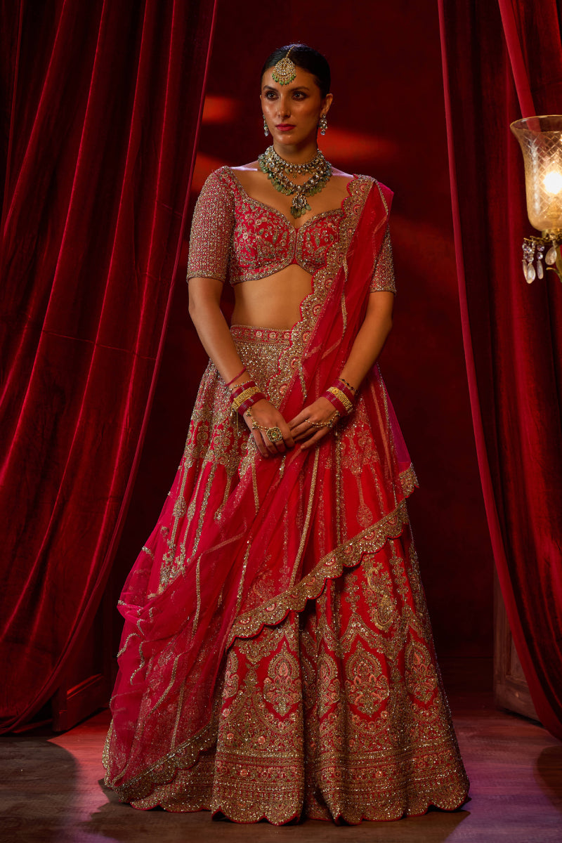 Cerry Red Raw Silk Hand & Machine Embroidered Lehenga Set