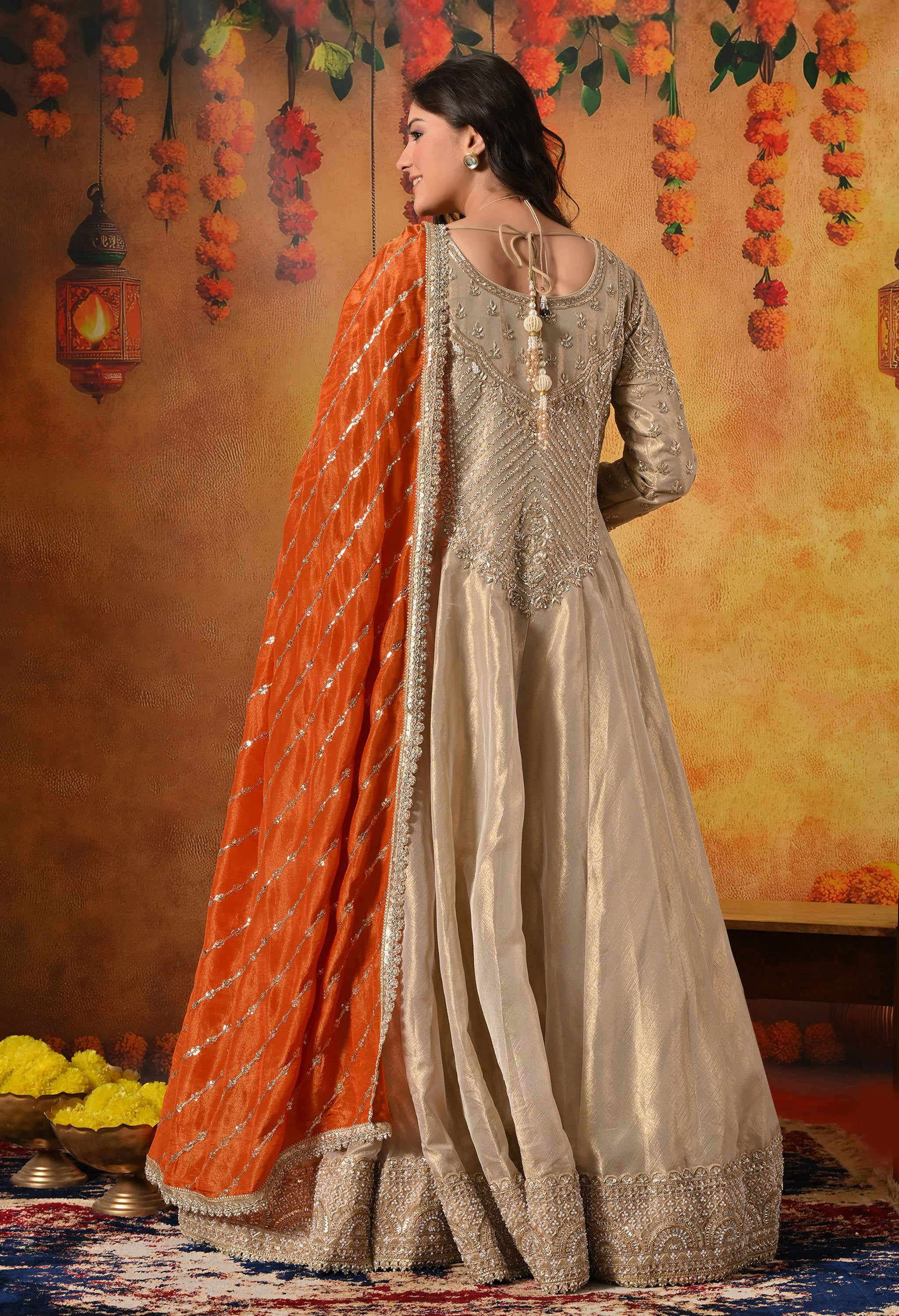 Golden Anarkali Frock Set