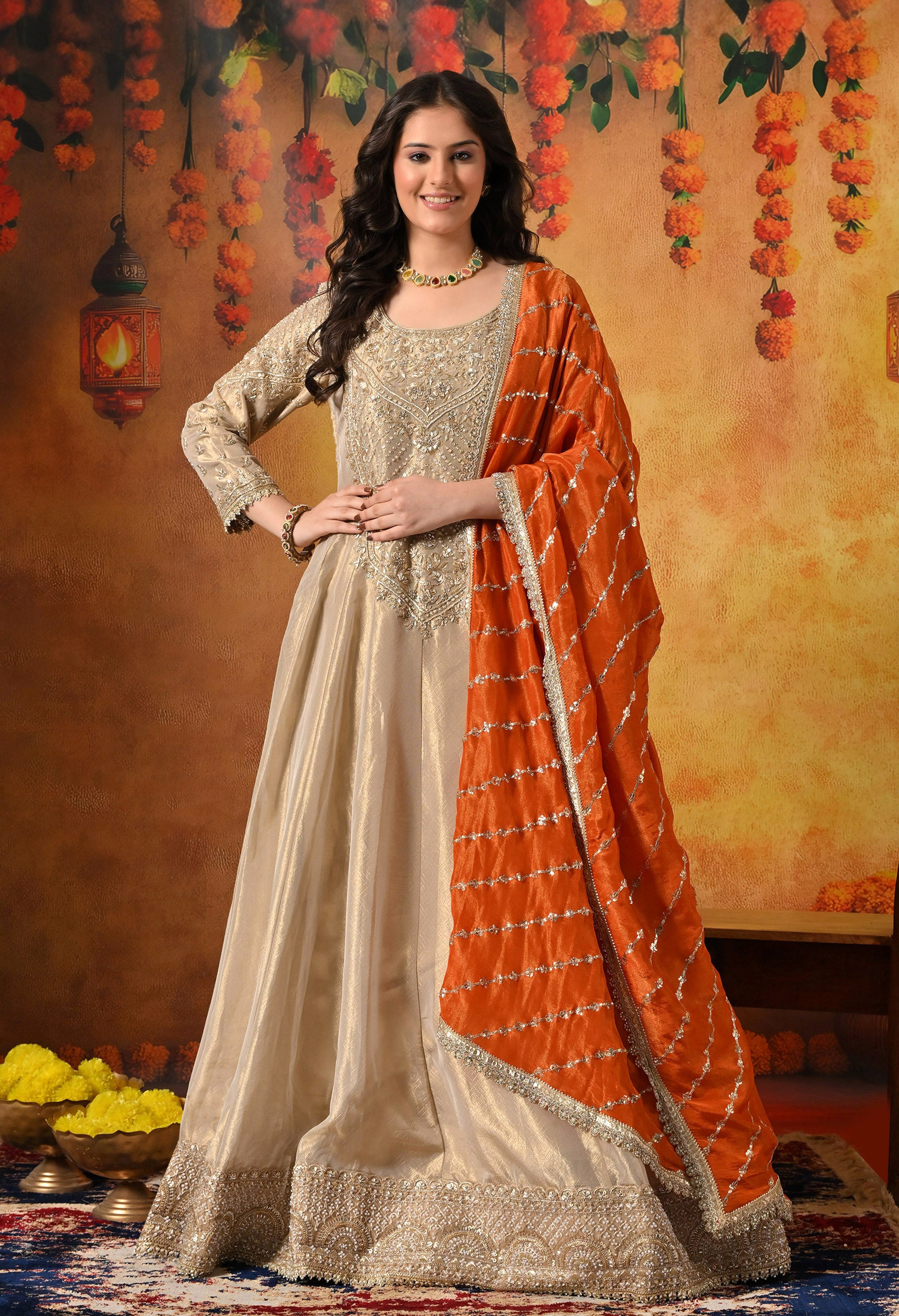 Golden Anarkali Frock Set