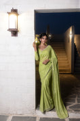 Load image into Gallery viewer, Lime Green Thread Embroidered Blouse With Sequin Embroidered Saree
