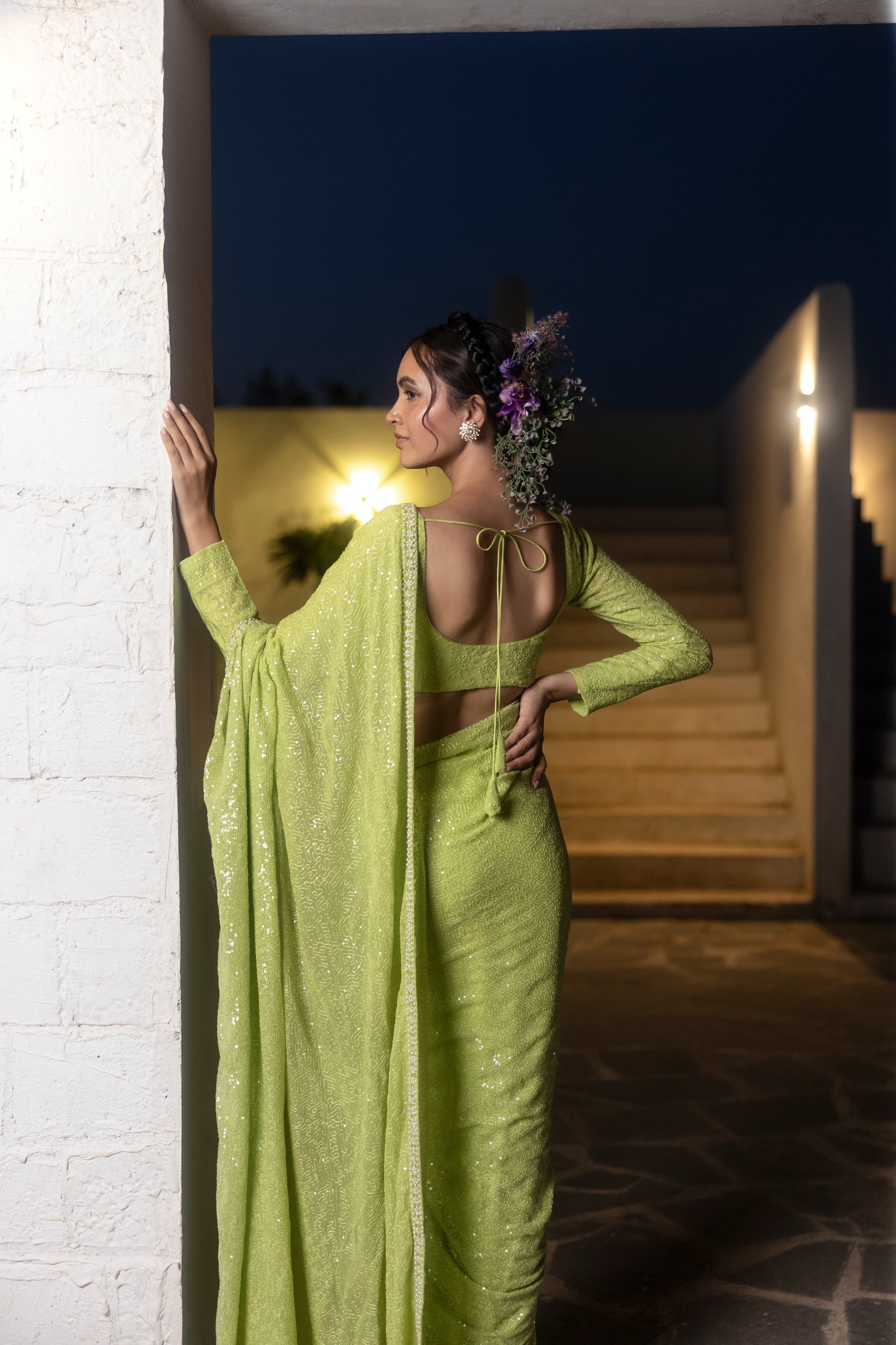 Lime Green Thread Embroidered Blouse With Sequin Embroidered Saree