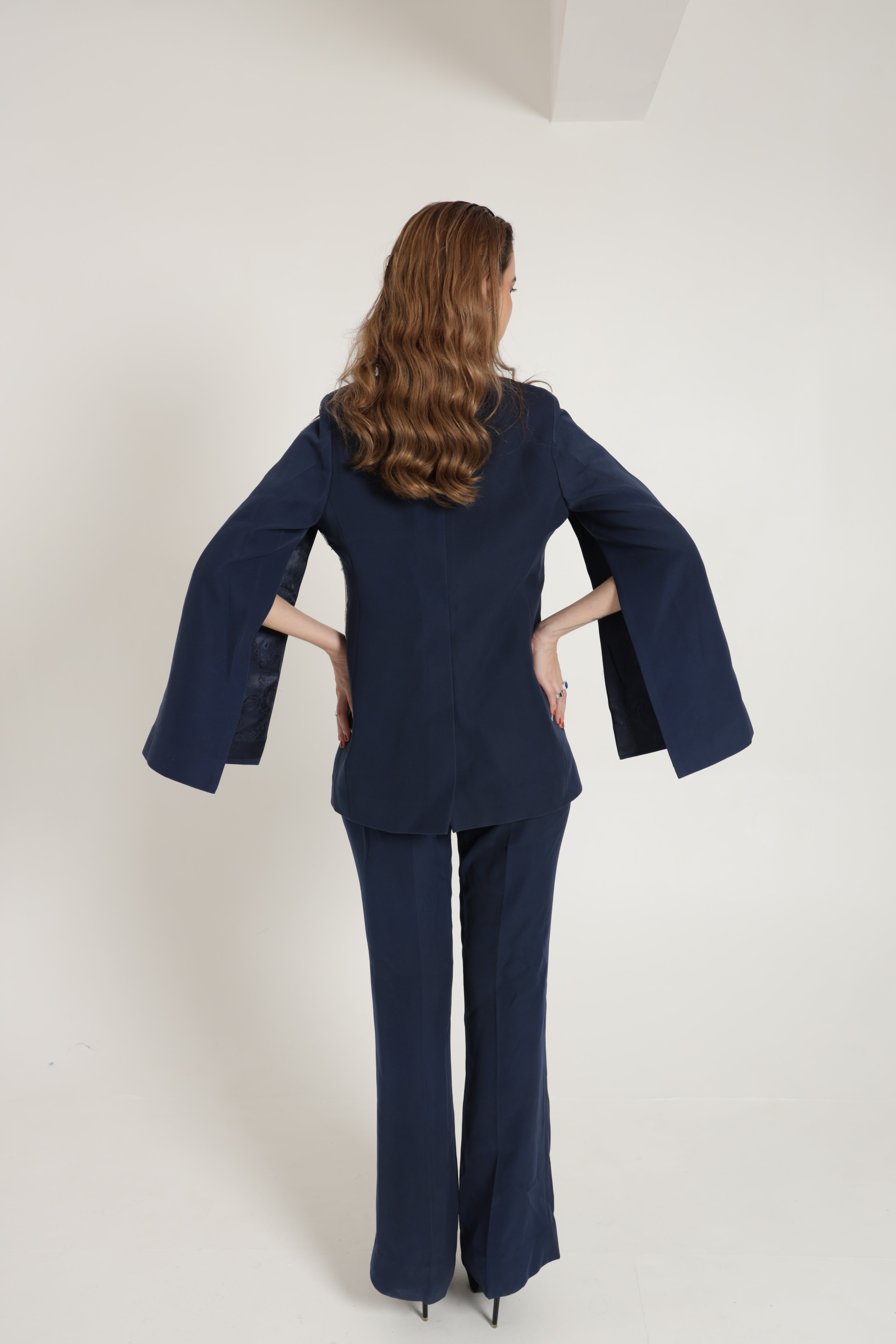 Dark blue cape blazer with with straight pant