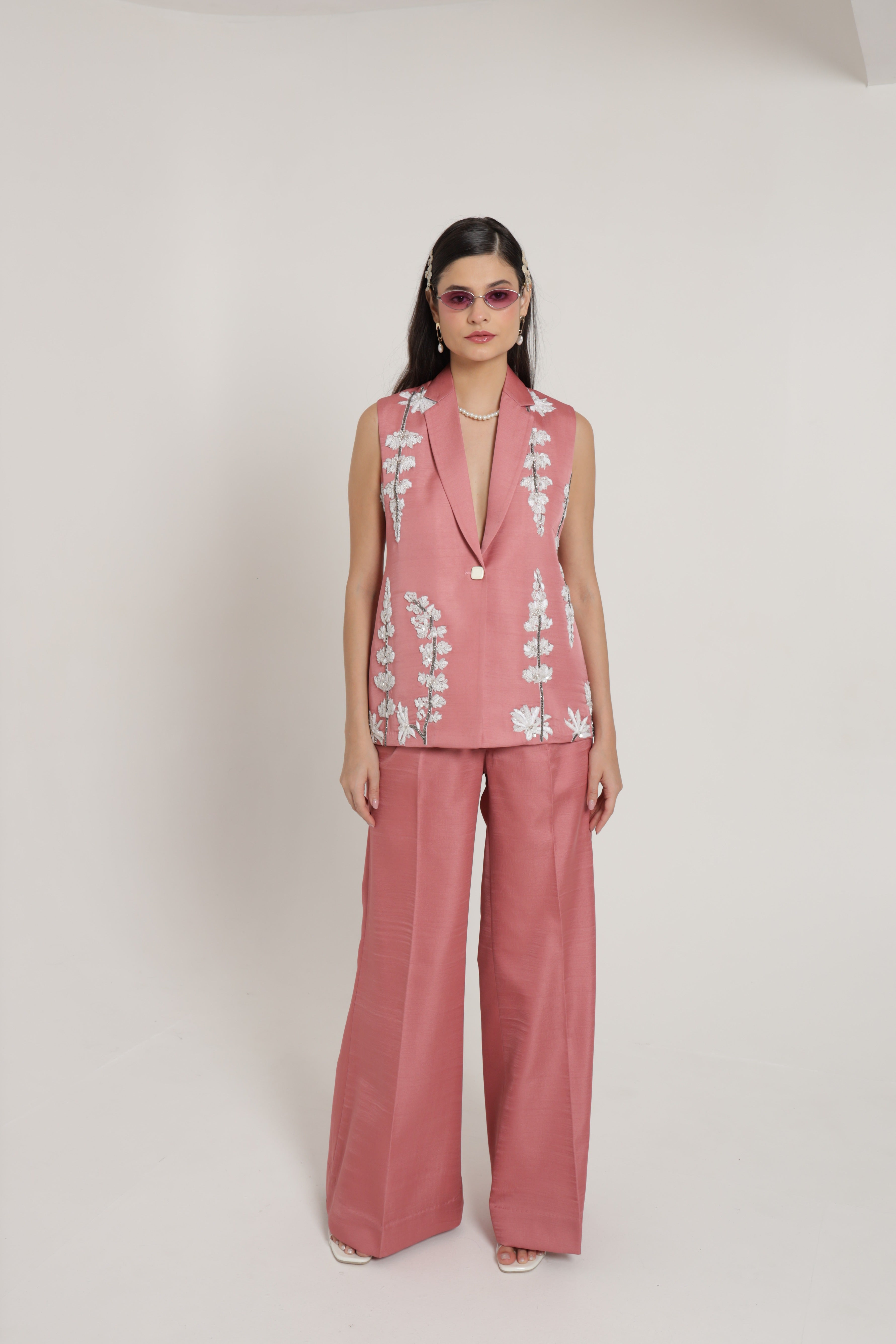Pink peach sleeveless jacket with wideleg pant and bustier