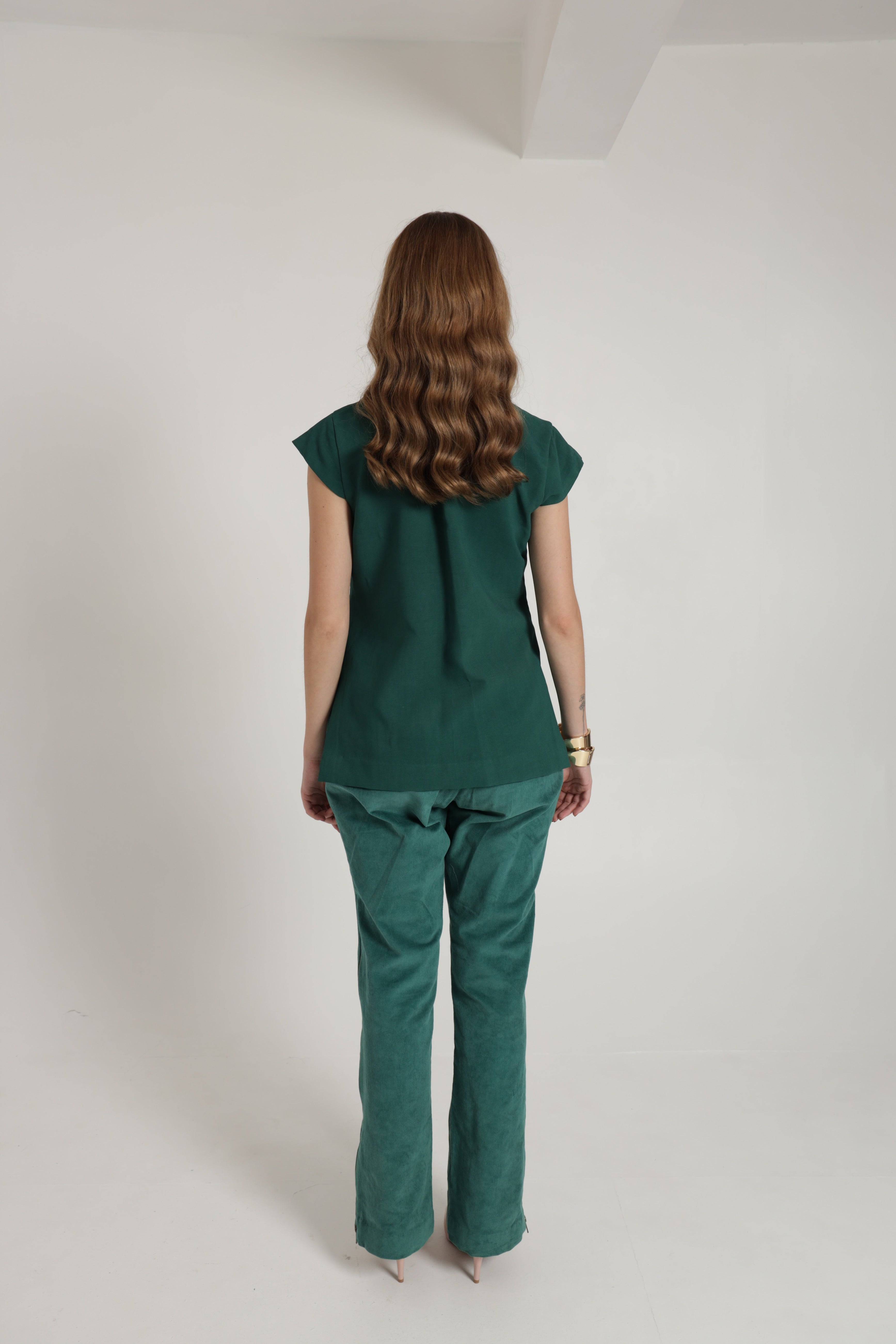 Bottle green top with corduroy pant