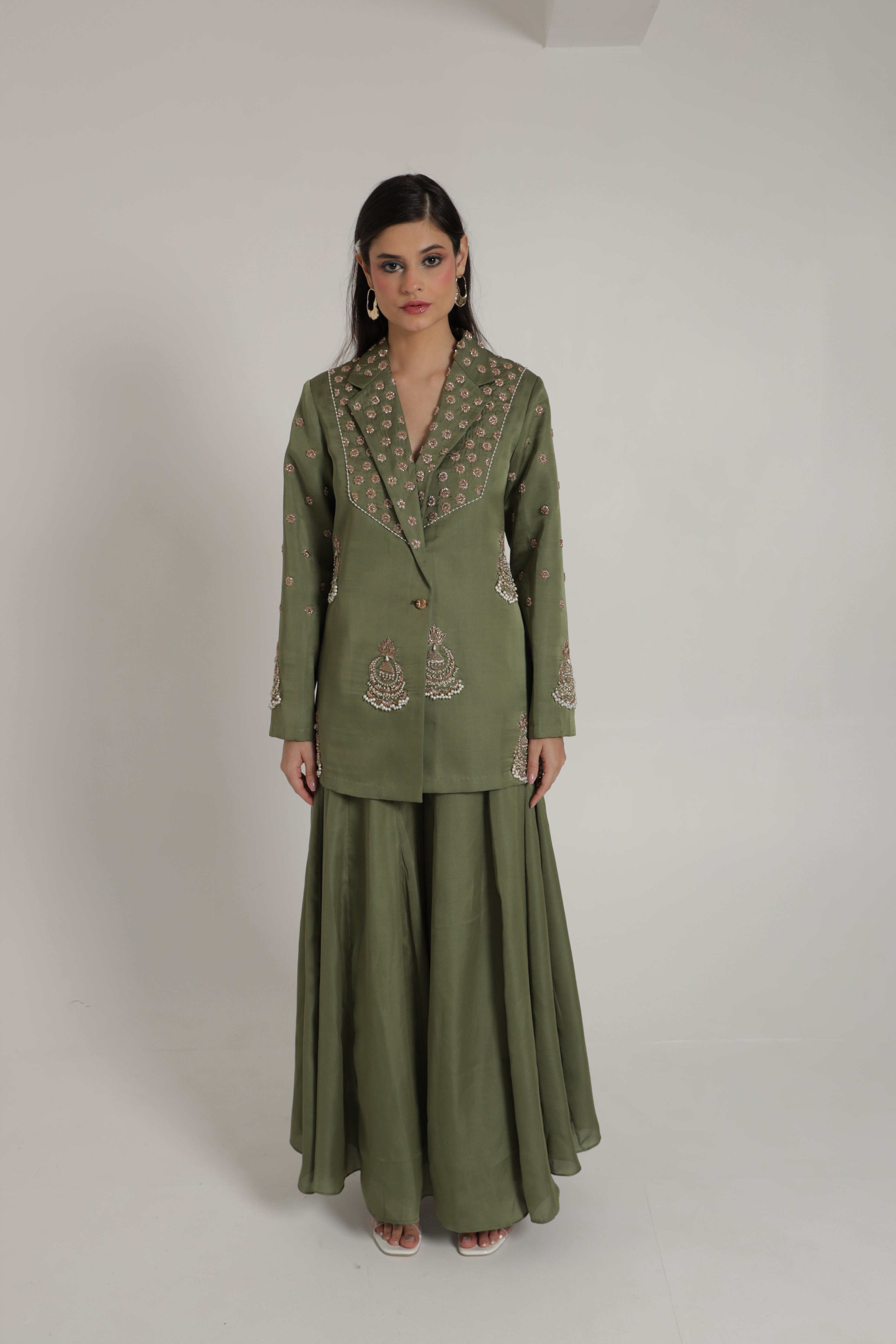 Mehandi green blazer with sharara