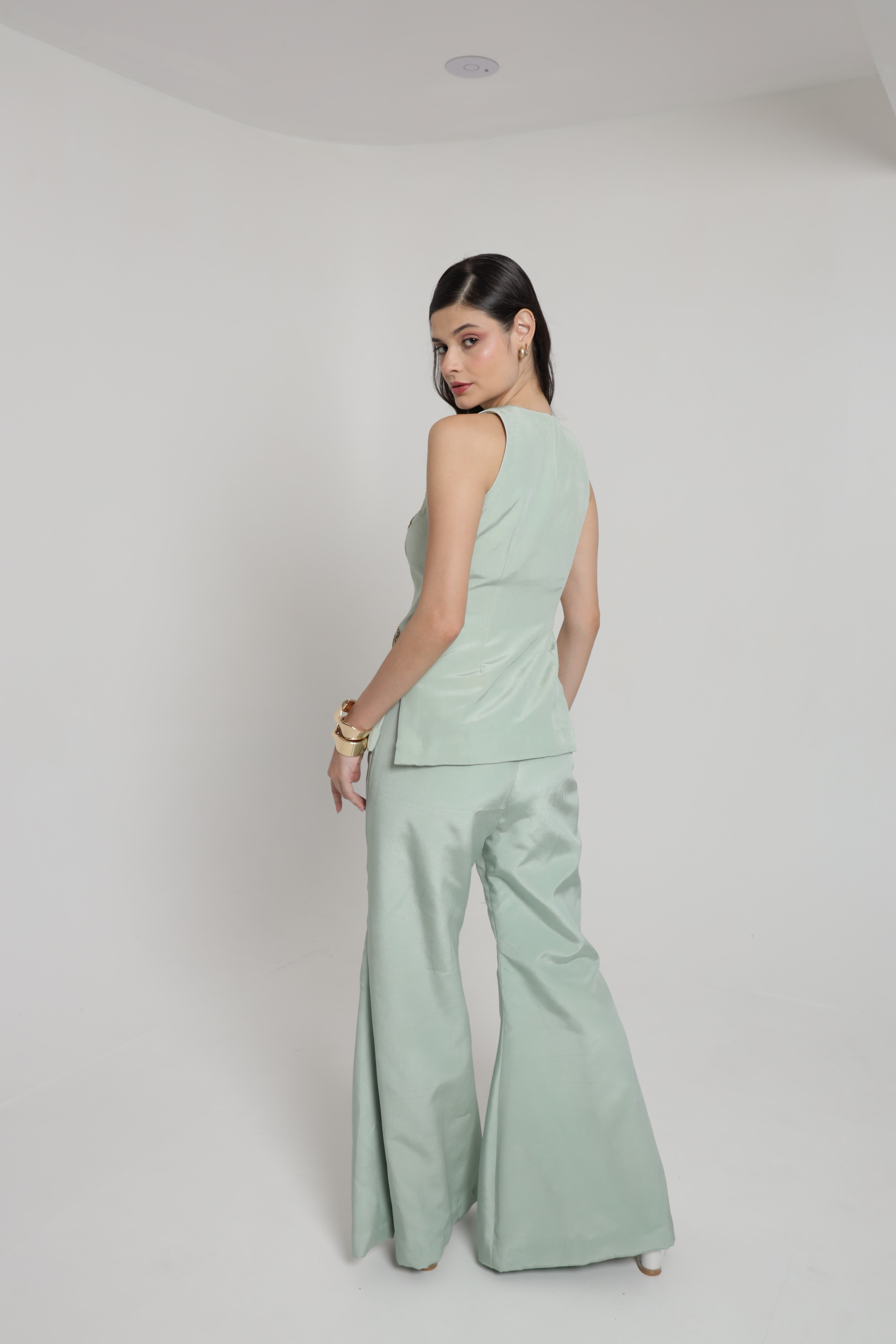 Sage green halter top with straight pants
