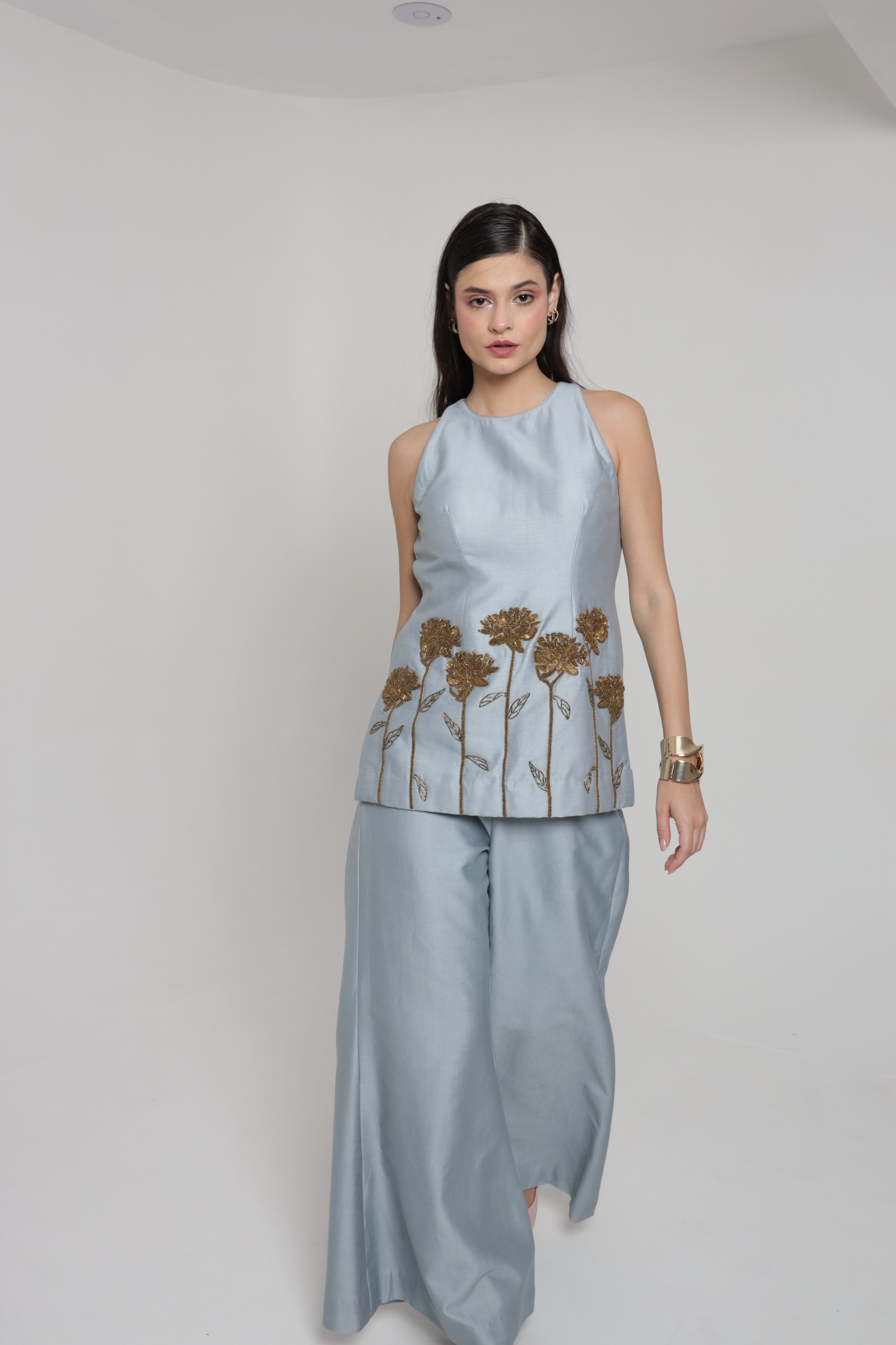 Ash blue halter neck top with wide leg pant