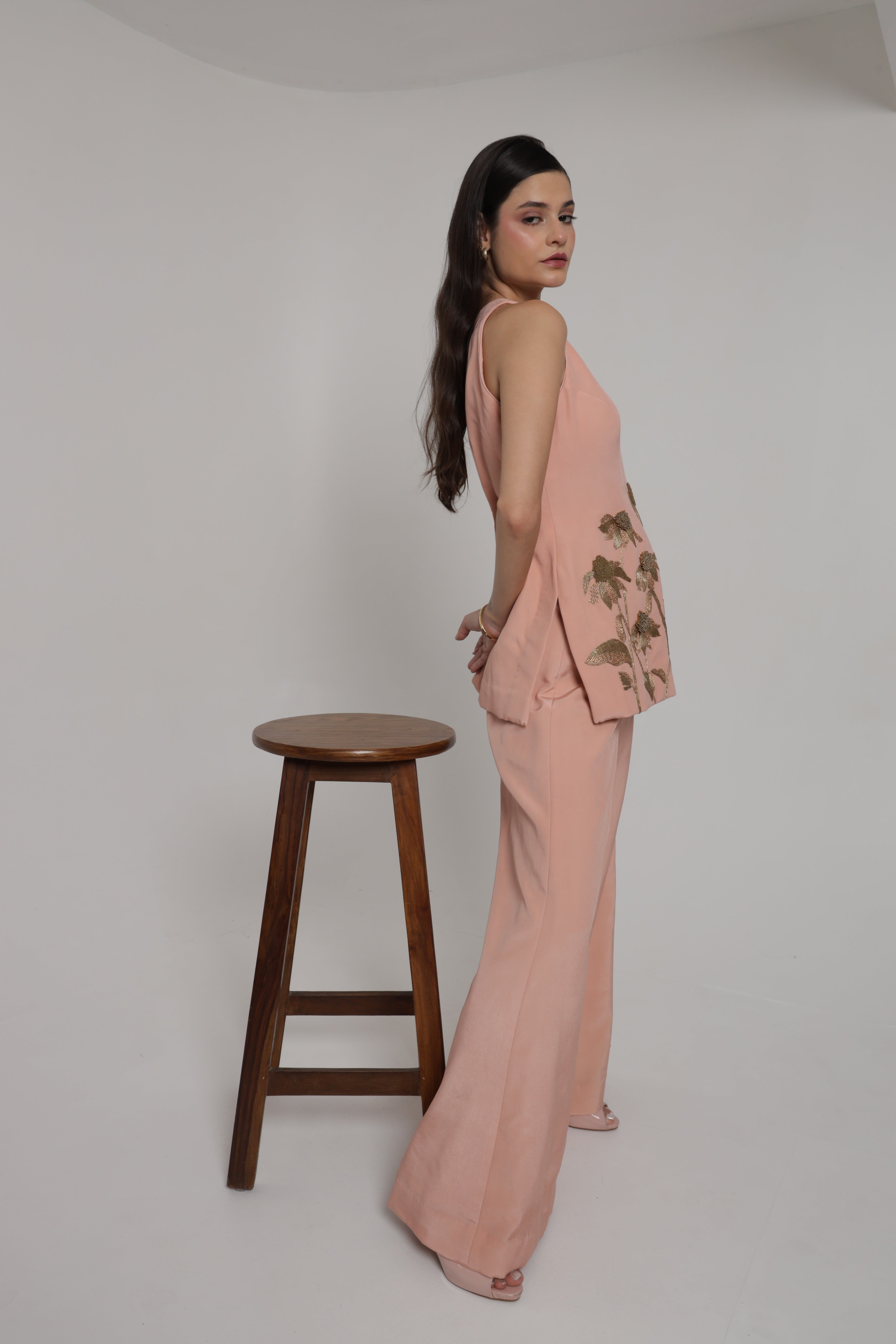 Dark peach halter neclk top with wide leg pant