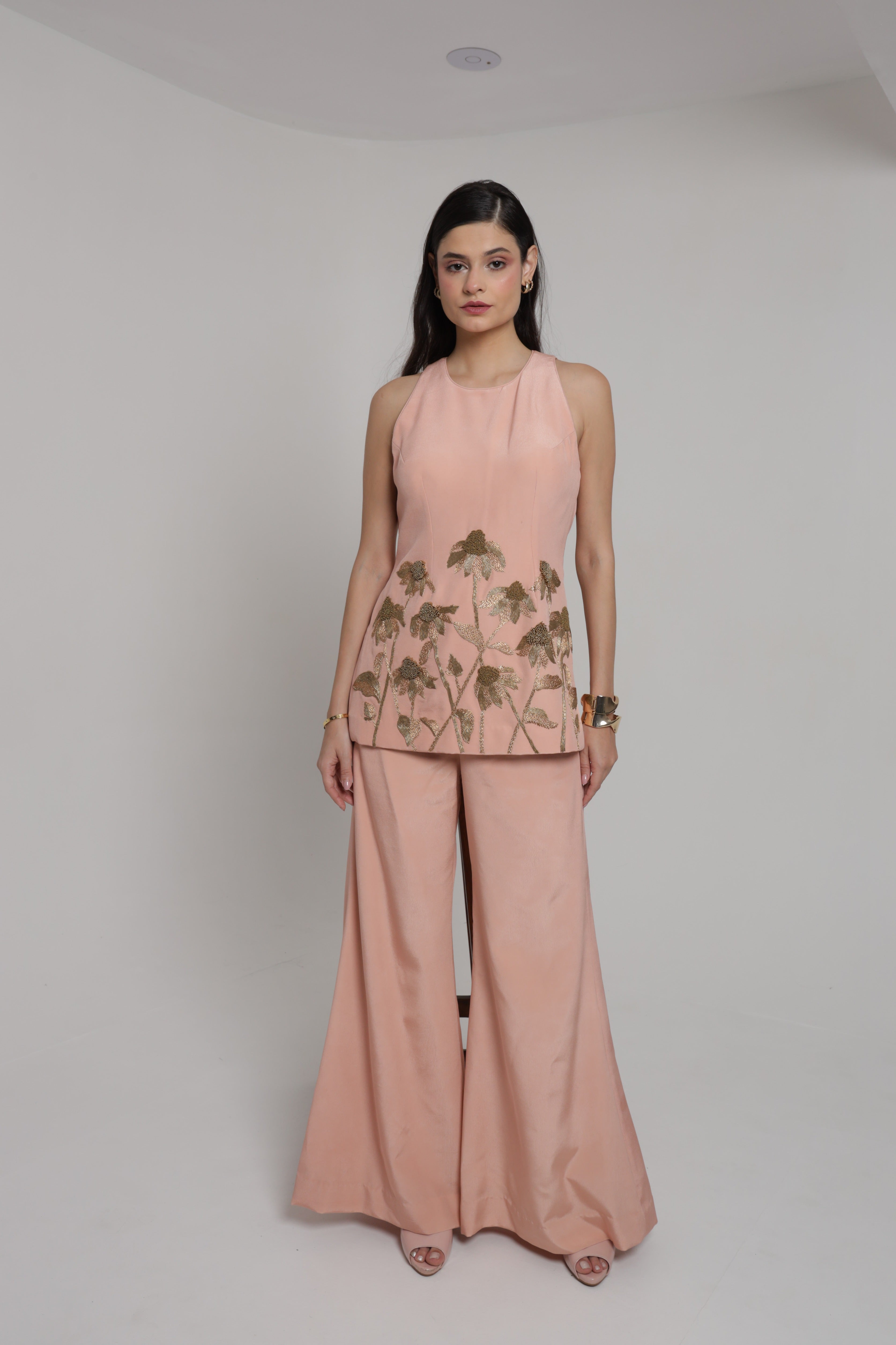 Dark peach halter neclk top with wide leg pant