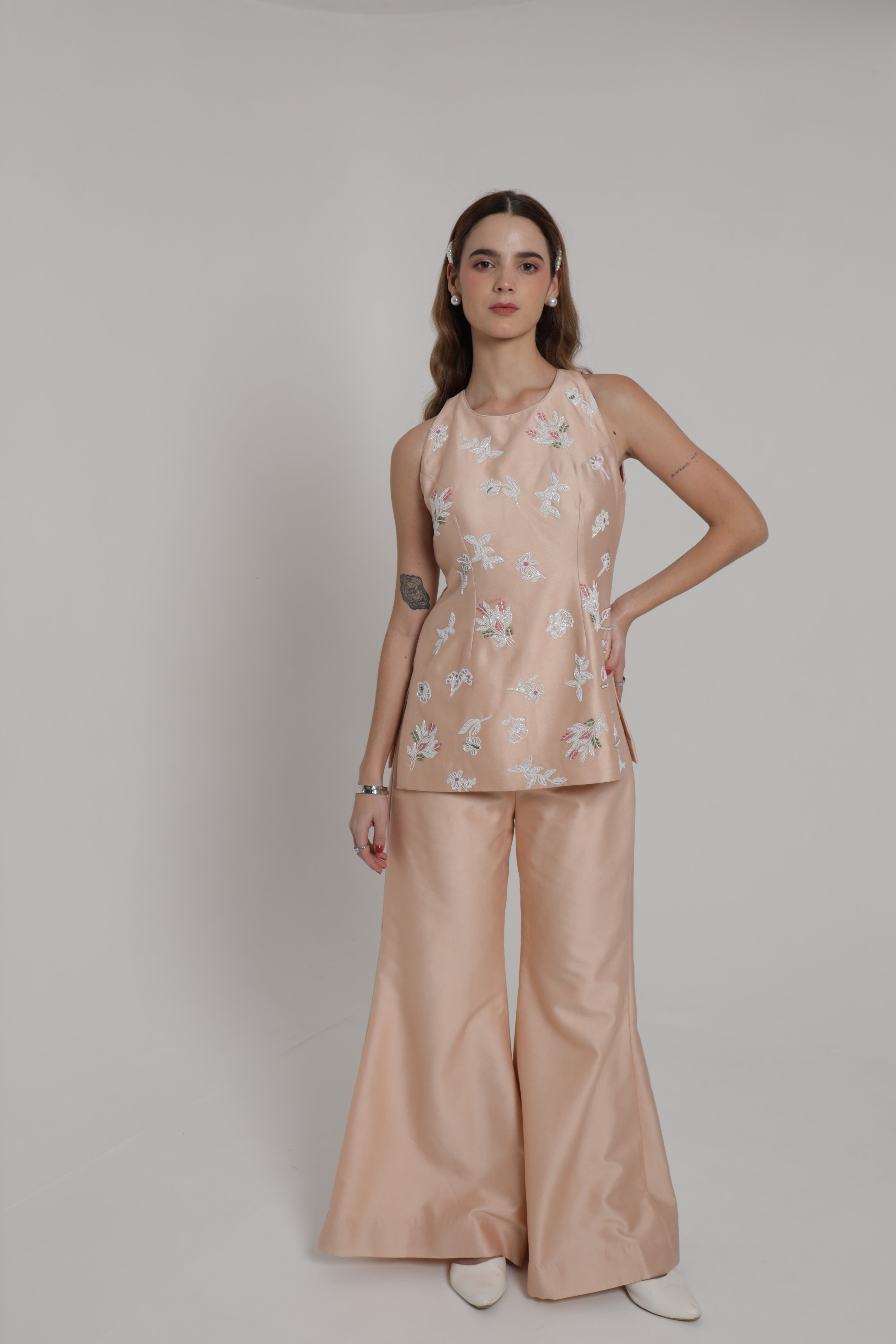Light peach halter neck top with wide leg pant