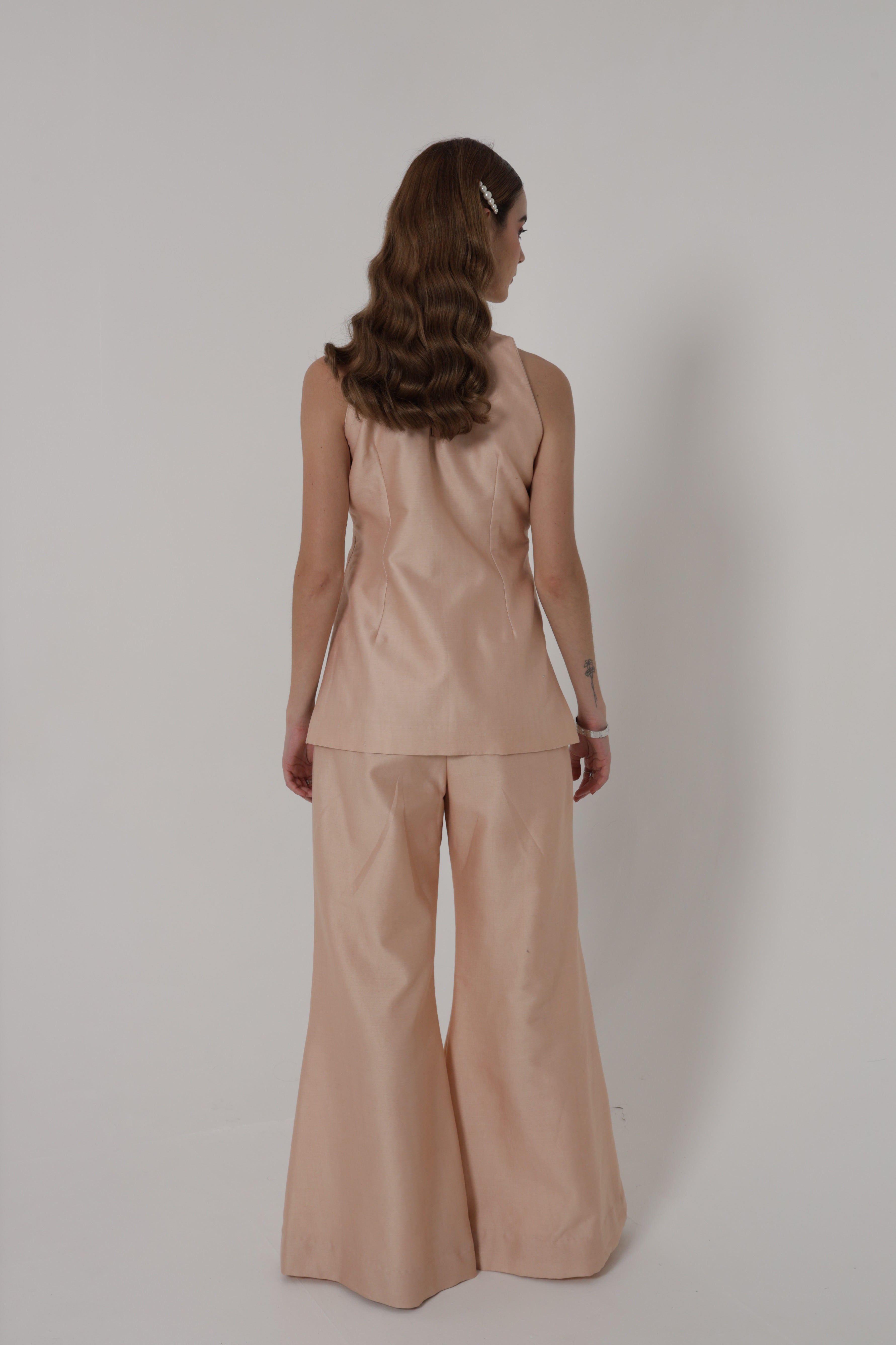 Light peach halter neck top with wide leg pant
