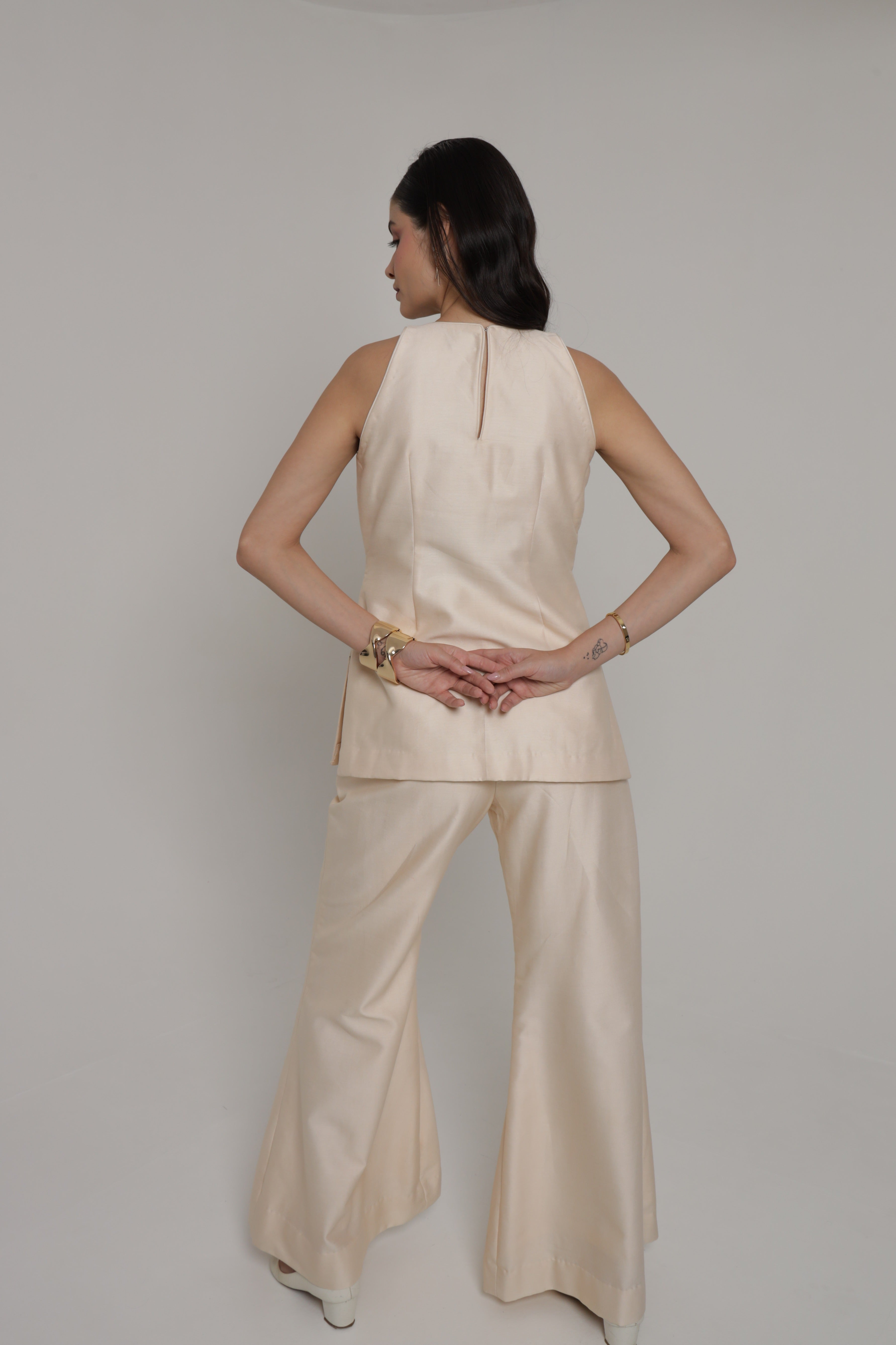 Beige halter neck top with wide leg pant