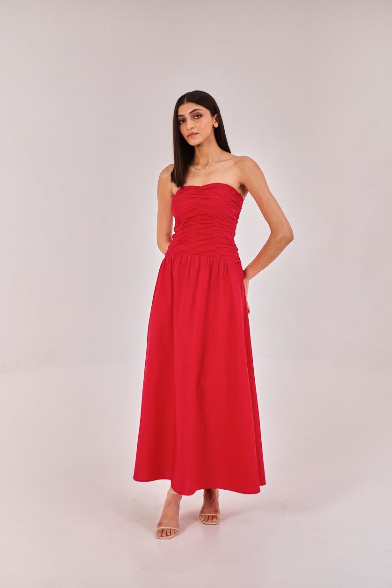 Red Strapless Midi Dress