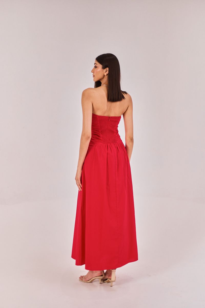 Red Strapless Midi Dress