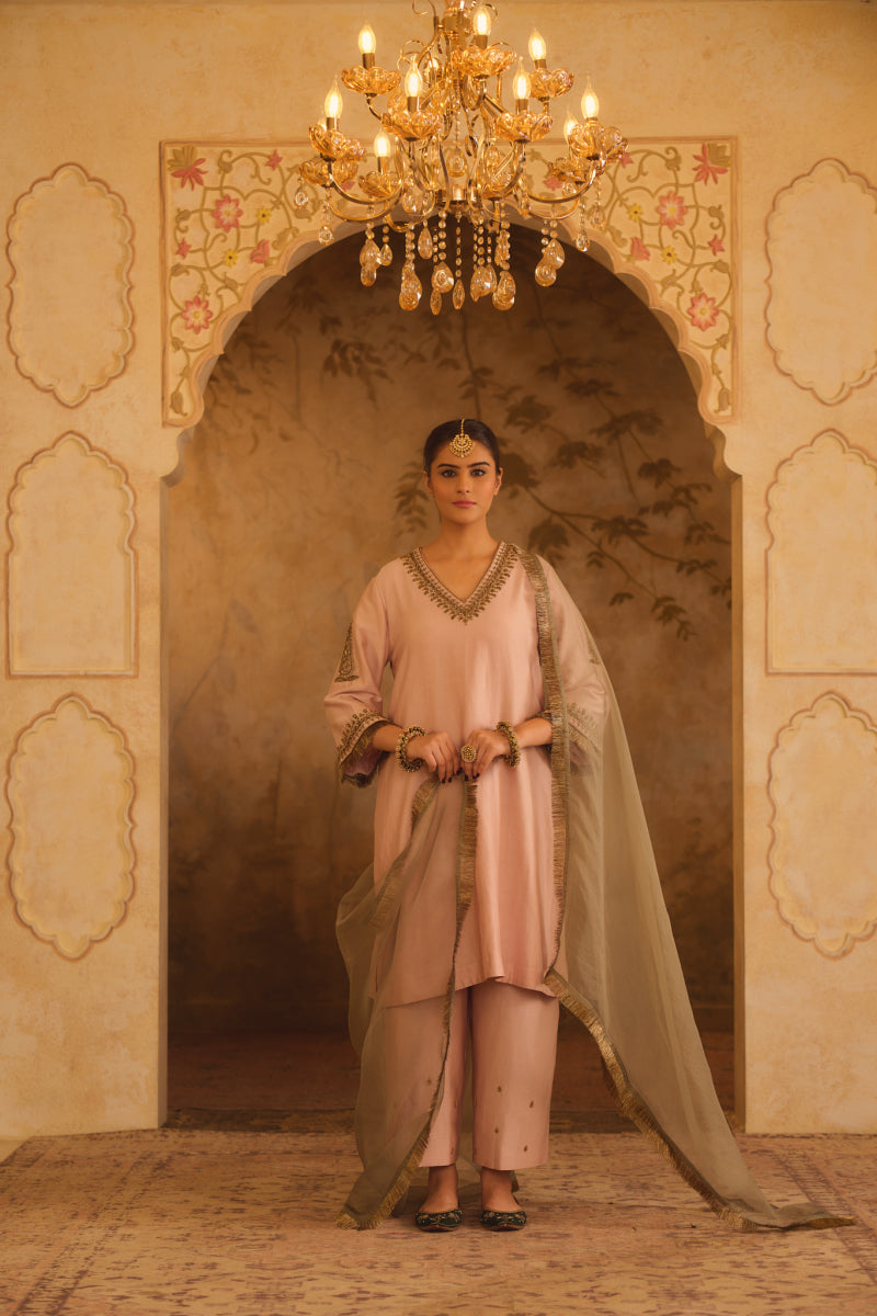 TAJRA PINK V-NECK A-LINE KURTA SET