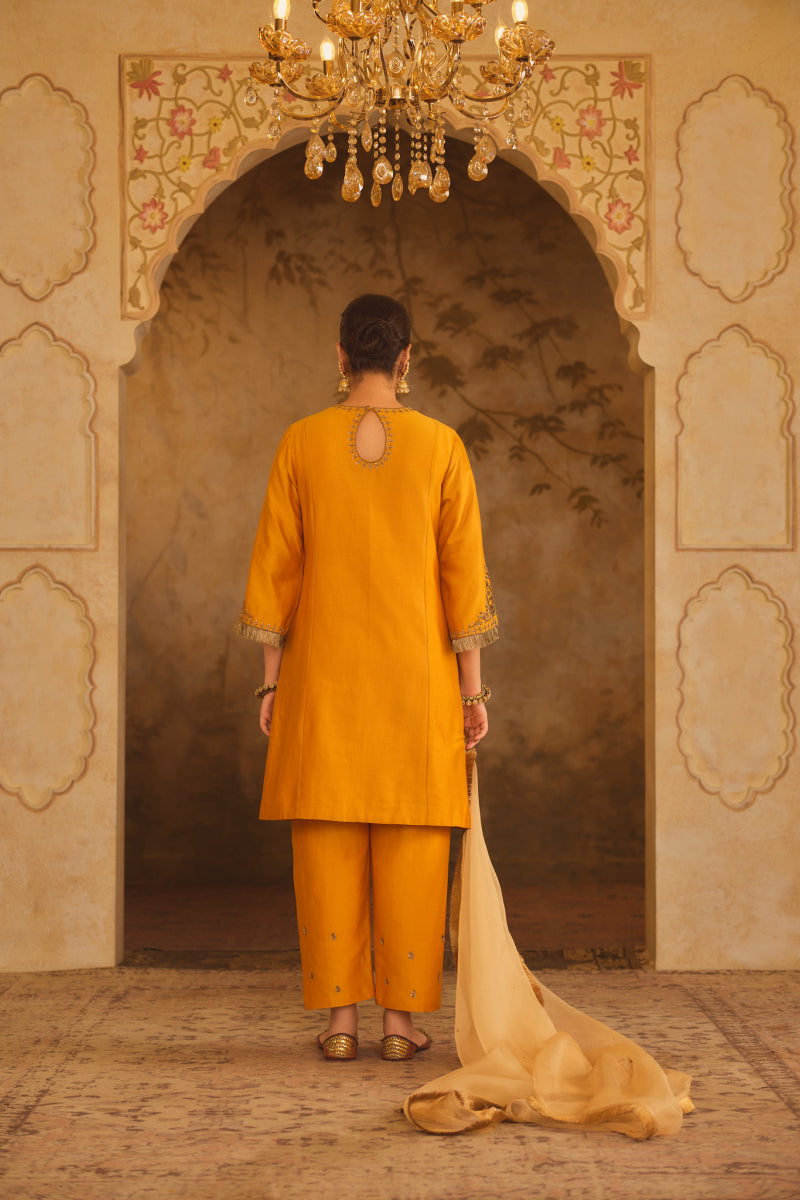TAJRA MUSTARD ZERO-NECK A-LINE KURTA SET
