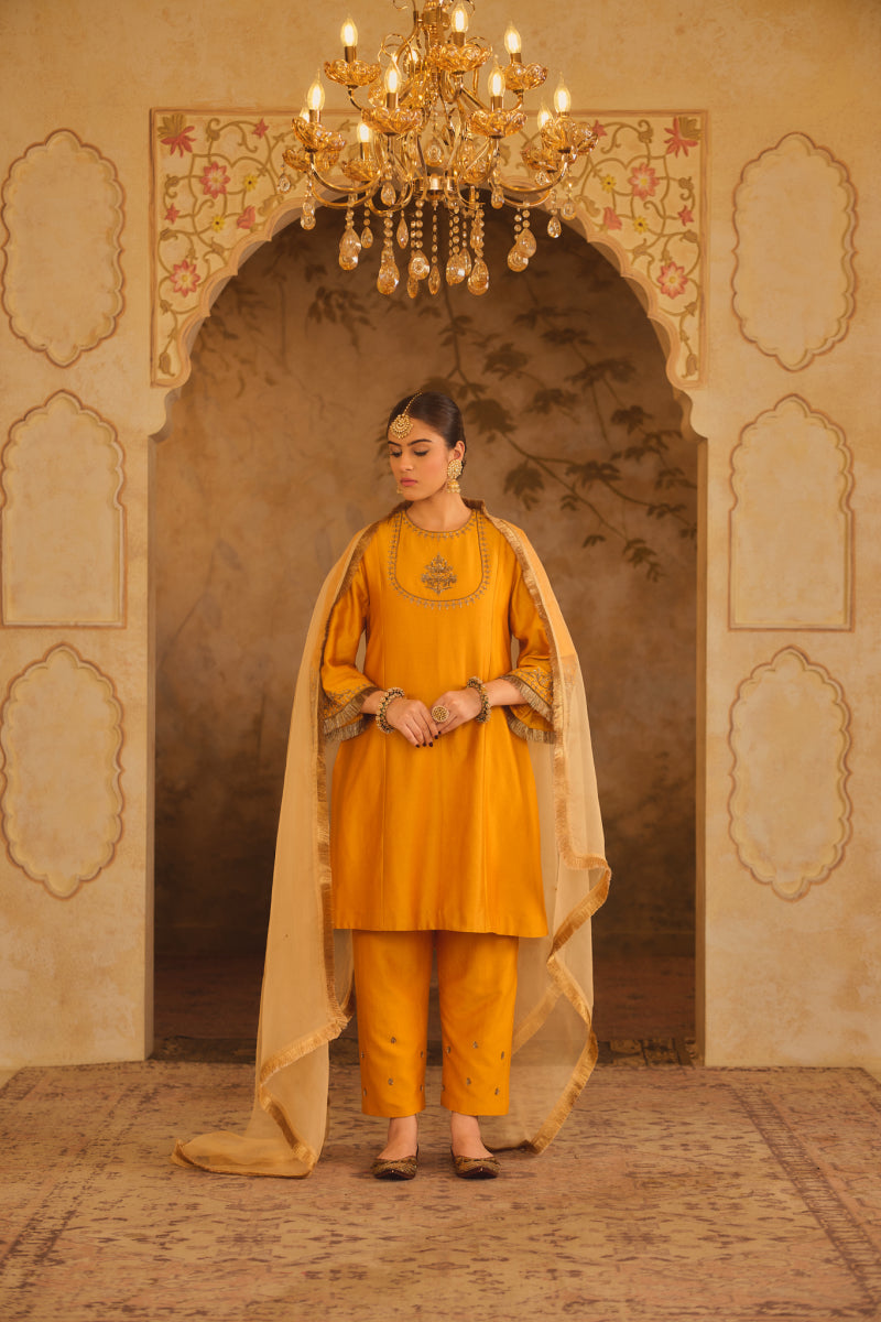 TAJRA MUSTARD ZERO-NECK A-LINE KURTA SET