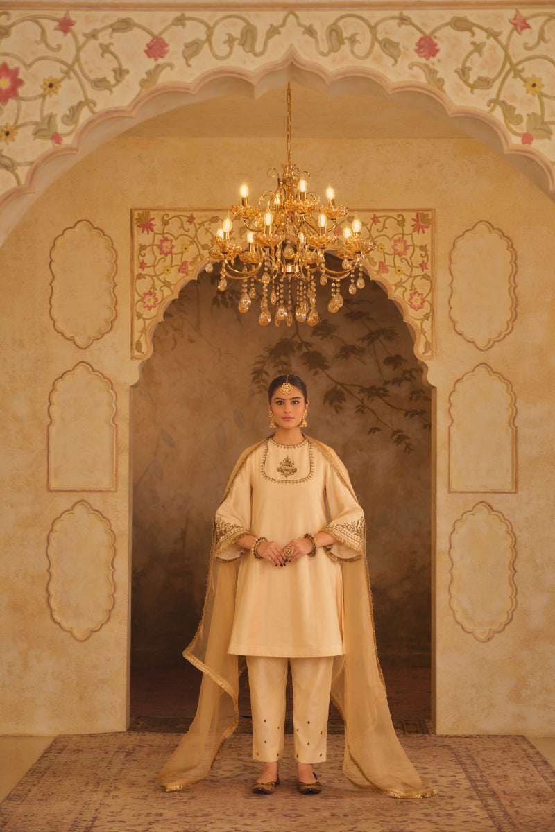 TAJRA CREAM ZERO-NECK A-LINE KURTA SET