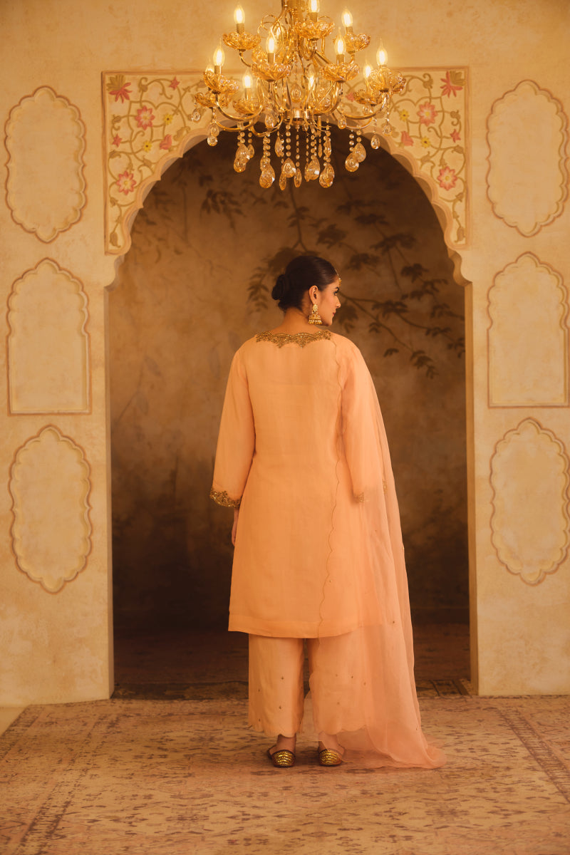 TAJRA PEACH V-NECK ORGANZA A-LINE KURTA SET