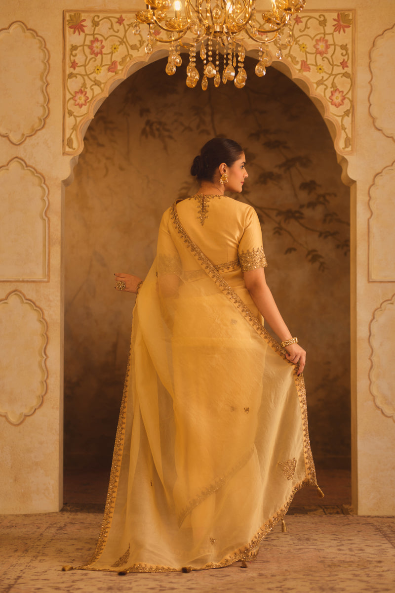TAJRA GOLD ORGANZA SAREE WITH ZERO-NECK BLOUSE