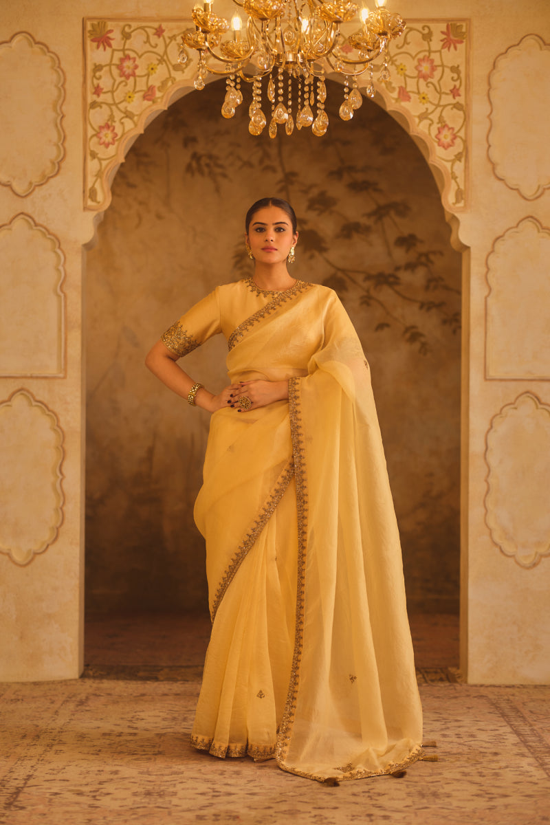 TAJRA GOLD ORGANZA SAREE WITH ZERO-NECK BLOUSE
