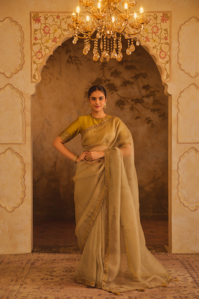 TAJRA GREY & GREEN ORGANZA SAREE WITH ZERO-NECK BLOUSE