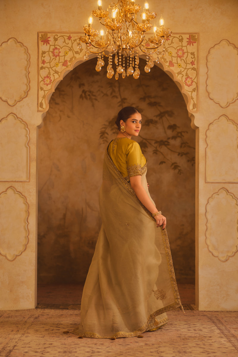 TAJRA GREY & GREEN ORGANZA SAREE WITH ZERO-NECK BLOUSE