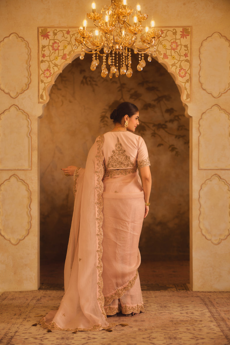TAJRA PINK ORGANZA SAREE WITH ZERO-NECK BLOUSE
