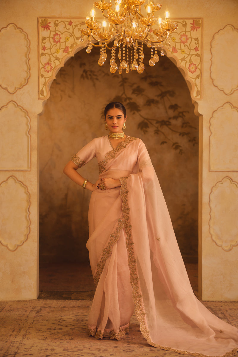 TAJRA PINK ORGANZA SAREE WITH ZERO-NECK BLOUSE