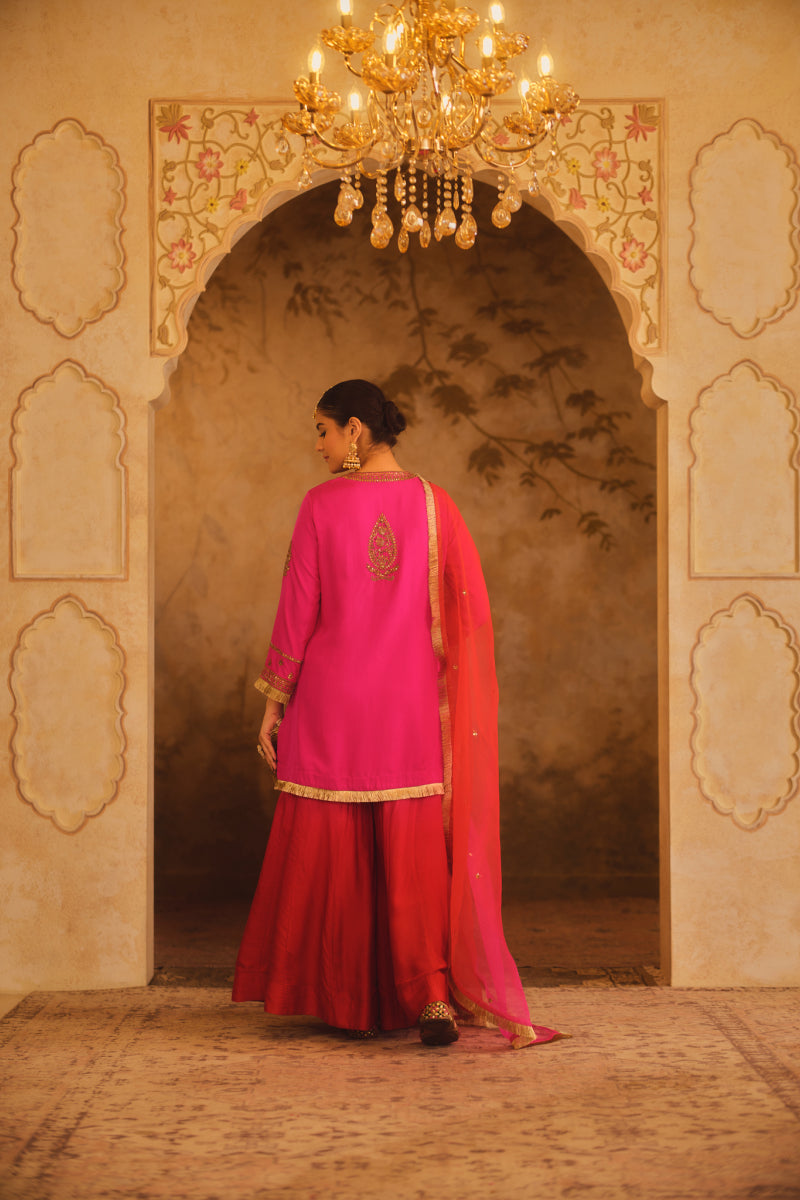 HOOR-E-MAHAL PINK & RED OMBRE KURTA SHARARA SET