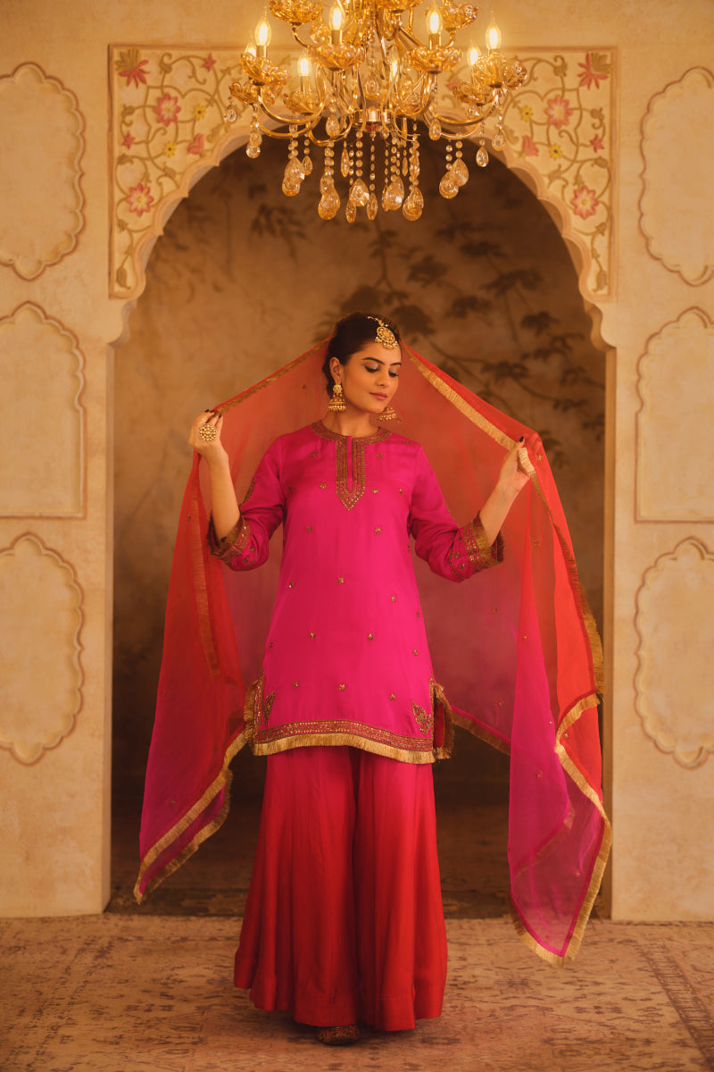 HOOR-E-MAHAL PINK & RED OMBRE KURTA SHARARA SET